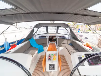 Cockpit of Lixi, a Hanse 458 sailboat at Kos, Greece
