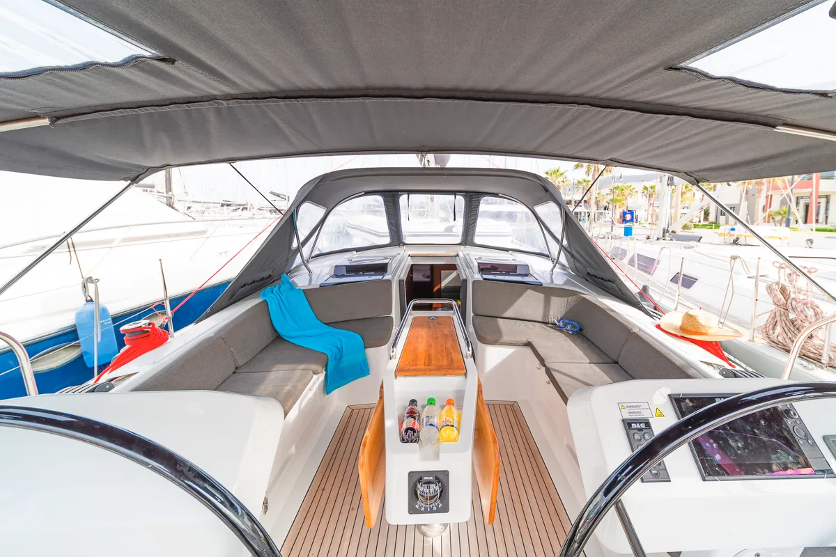 Cockpit of Lixi, a Hanse 458 sailboat at Kos, Greece