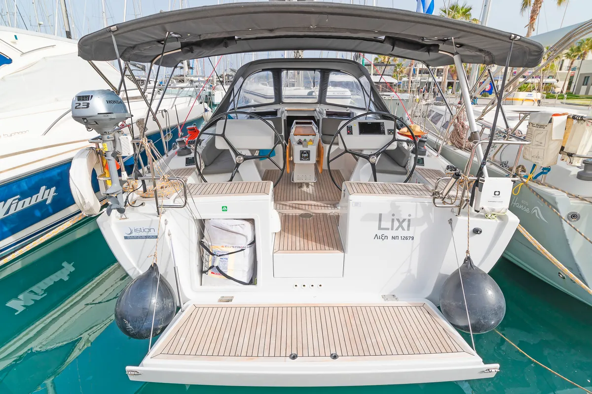 Exterior view of Lixi, a Hanse 458 sailboat at Kos, Greece