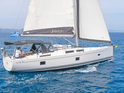 Deck of Lixi, a Hanse 458 sailboat at Kos, Greece