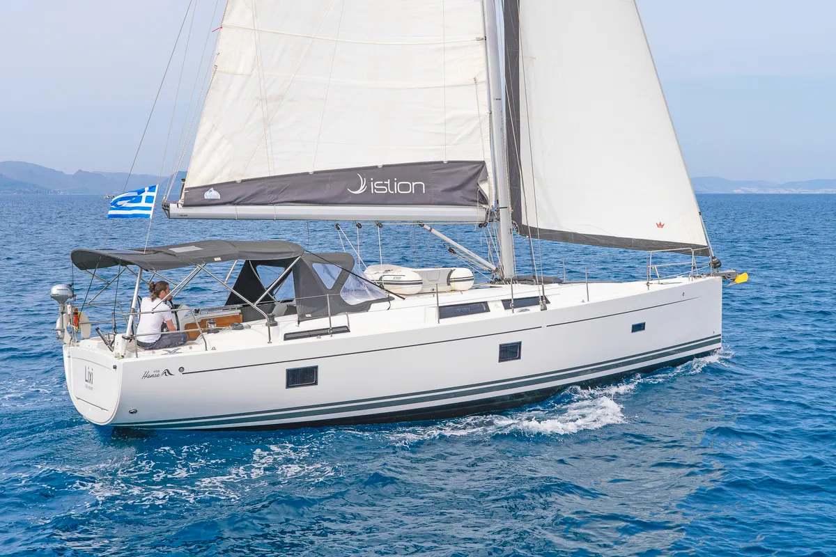 Deck of Lixi, a Hanse 458 sailboat at Kos, Greece