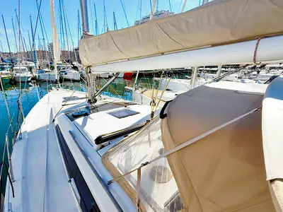 Deck of Bastak, a Dufour 390 GL sailboat at Marseille, France