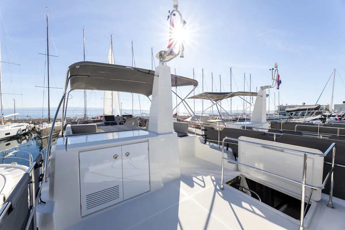 Deck of AELIA, a Beneteau Swift Trawler 41 motor yacht at Split, Croatia