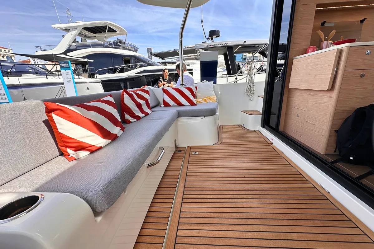 Deck of AELIA, a Beneteau Swift Trawler 41 motor yacht at Split, Croatia