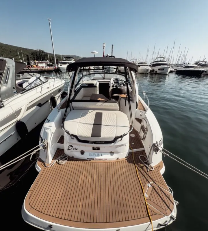 Exterior view of Elvie, a Bavaria S29 motorboat at Punat, Croatia