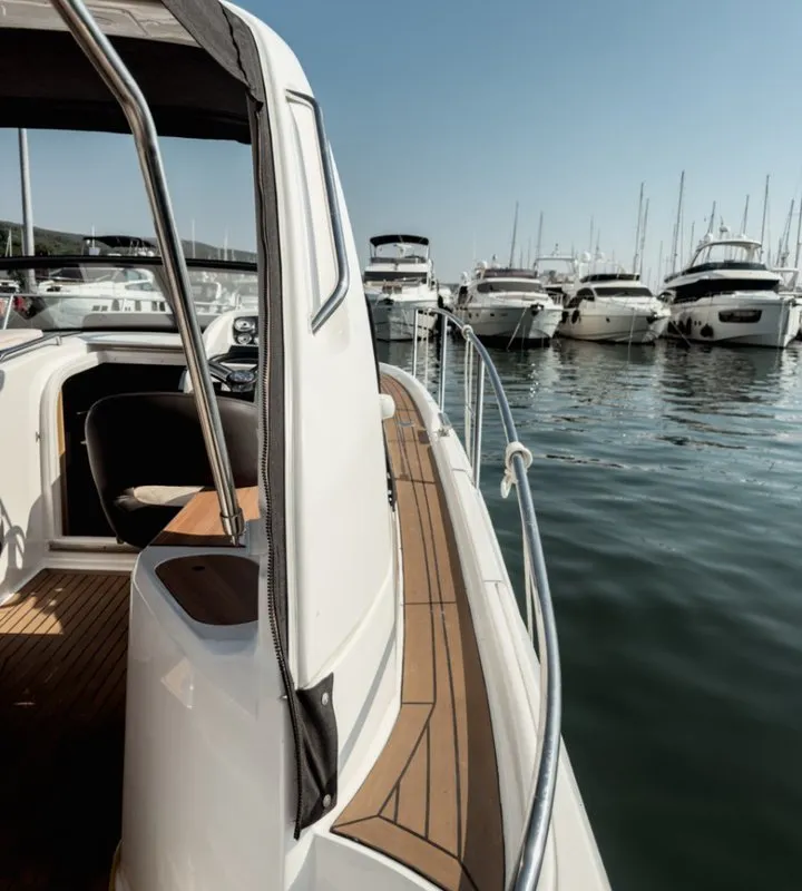 Deck of Elvie, a Bavaria S29 motorboat at Punat, Croatia