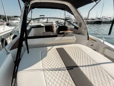 Deck of Elvie, a Bavaria S29 motorboat at Punat, Croatia