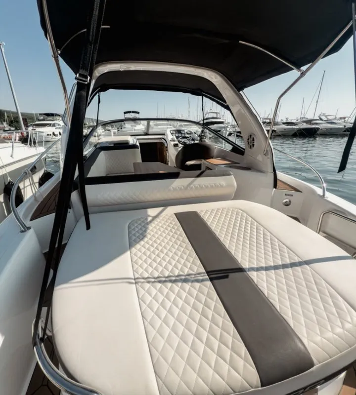Deck of Elvie, a Bavaria S29 motorboat at Punat, Croatia