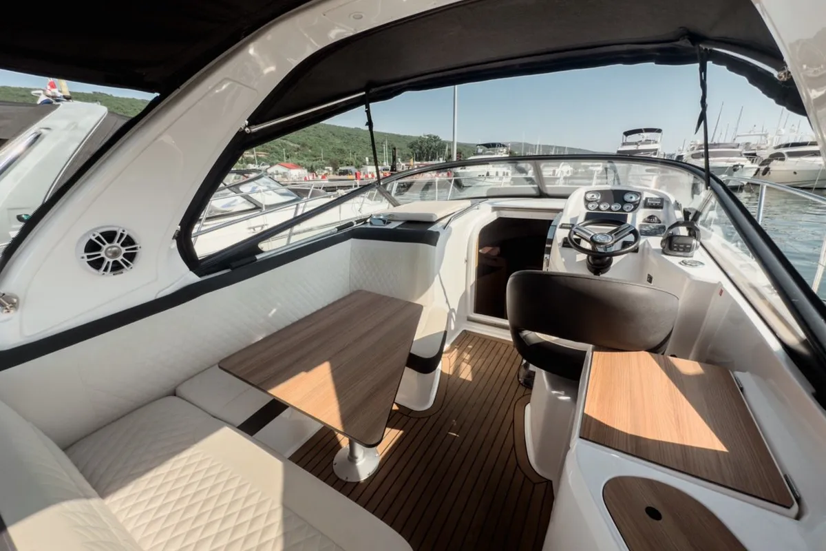 Deck of Elvie, a Bavaria S29 motorboat at Punat, Croatia