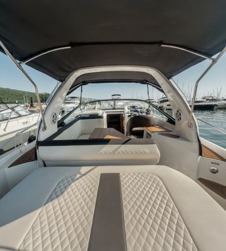 Deck of Elvie, a Bavaria S29 motorboat at Punat, Croatia