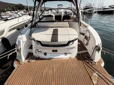 Deck of Elvie, a Bavaria S29 motorboat at Punat, Croatia