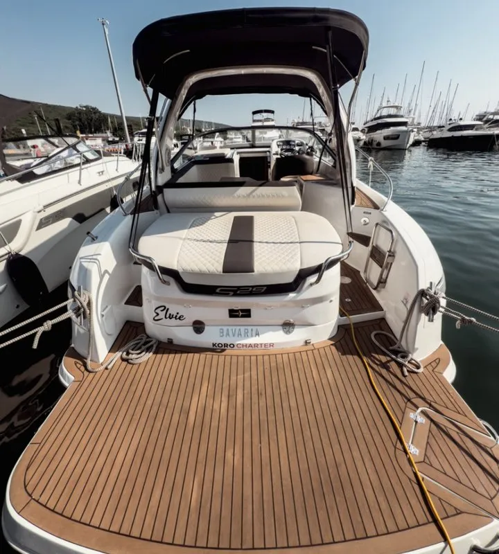Deck of Elvie, a Bavaria S29 motorboat at Punat, Croatia
