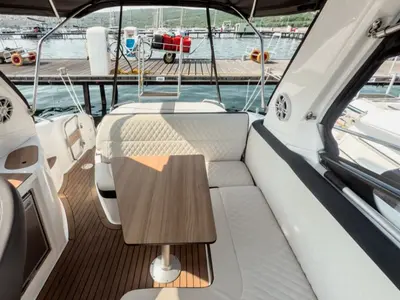 Cockpit of Elvie, a Bavaria S29 motorboat at Punat, Croatia