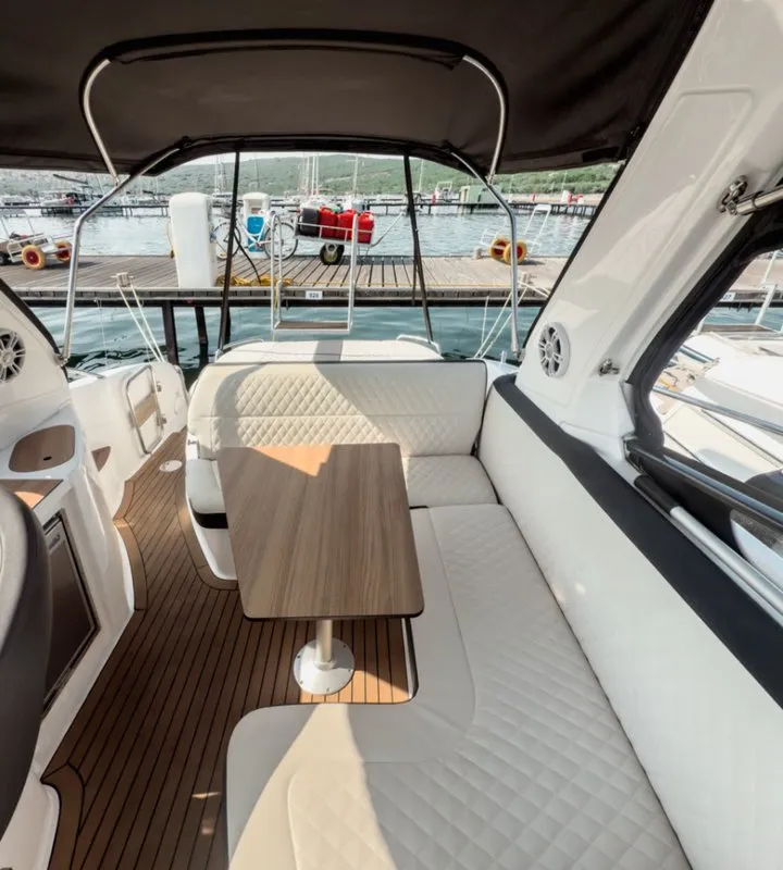Cockpit of Elvie, a Bavaria S29 motorboat at Punat, Croatia