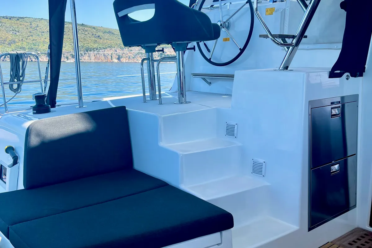 Cockpit of Bendmill, a Lagoon 42 catamaran at Grad Kaštela, Croatia