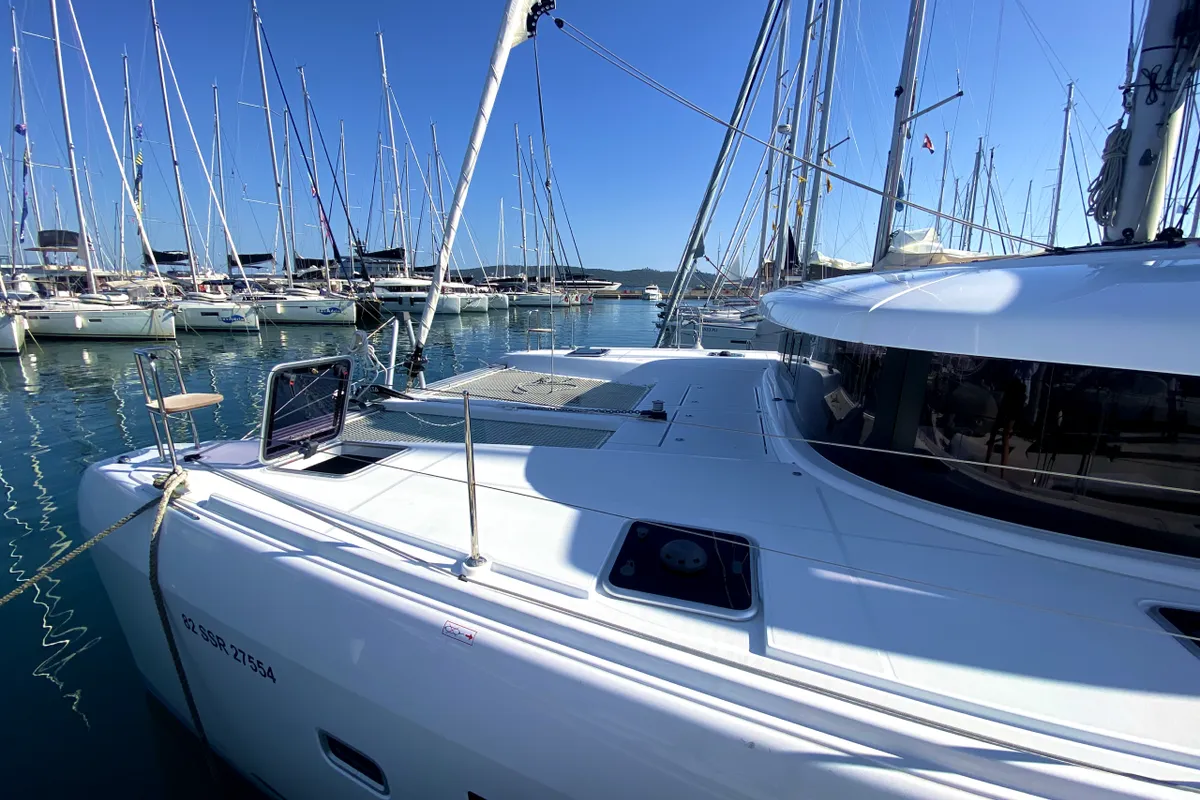 Exterior view of Bendmill, a Lagoon 42 catamaran at Grad Kaštela, Croatia