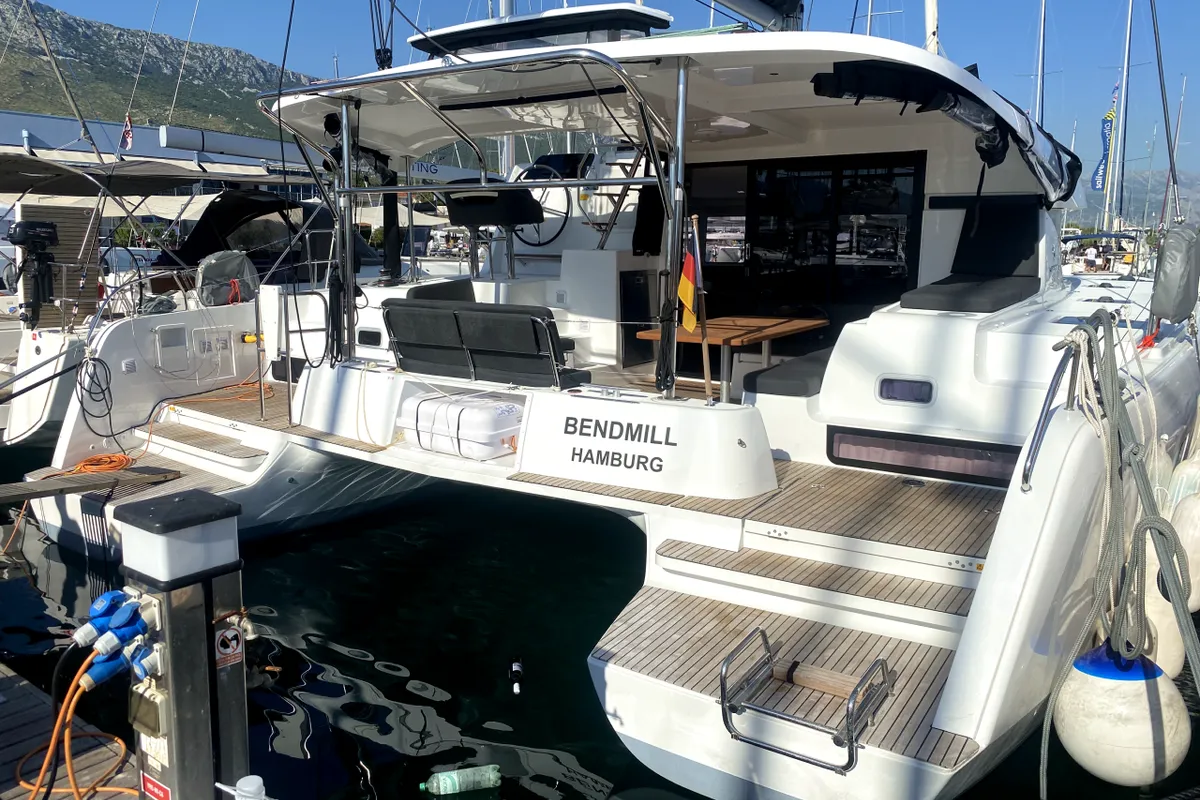 Exterior view of Bendmill, a Lagoon 42 catamaran at Grad Kaštela, Croatia