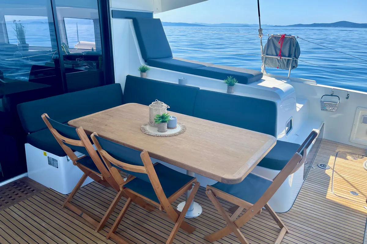 Deck of Bendmill, a Lagoon 42 catamaran at Grad Kaštela, Croatia
