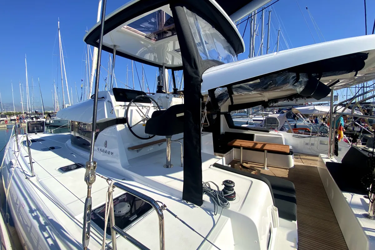 Exterior view of Bendmill, a Lagoon 42 catamaran at Grad Kaštela, Croatia