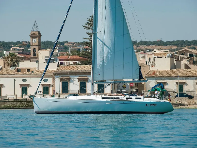 Exterior view of Asia, a Dufour 455 sailboat at Ragusa, Italy