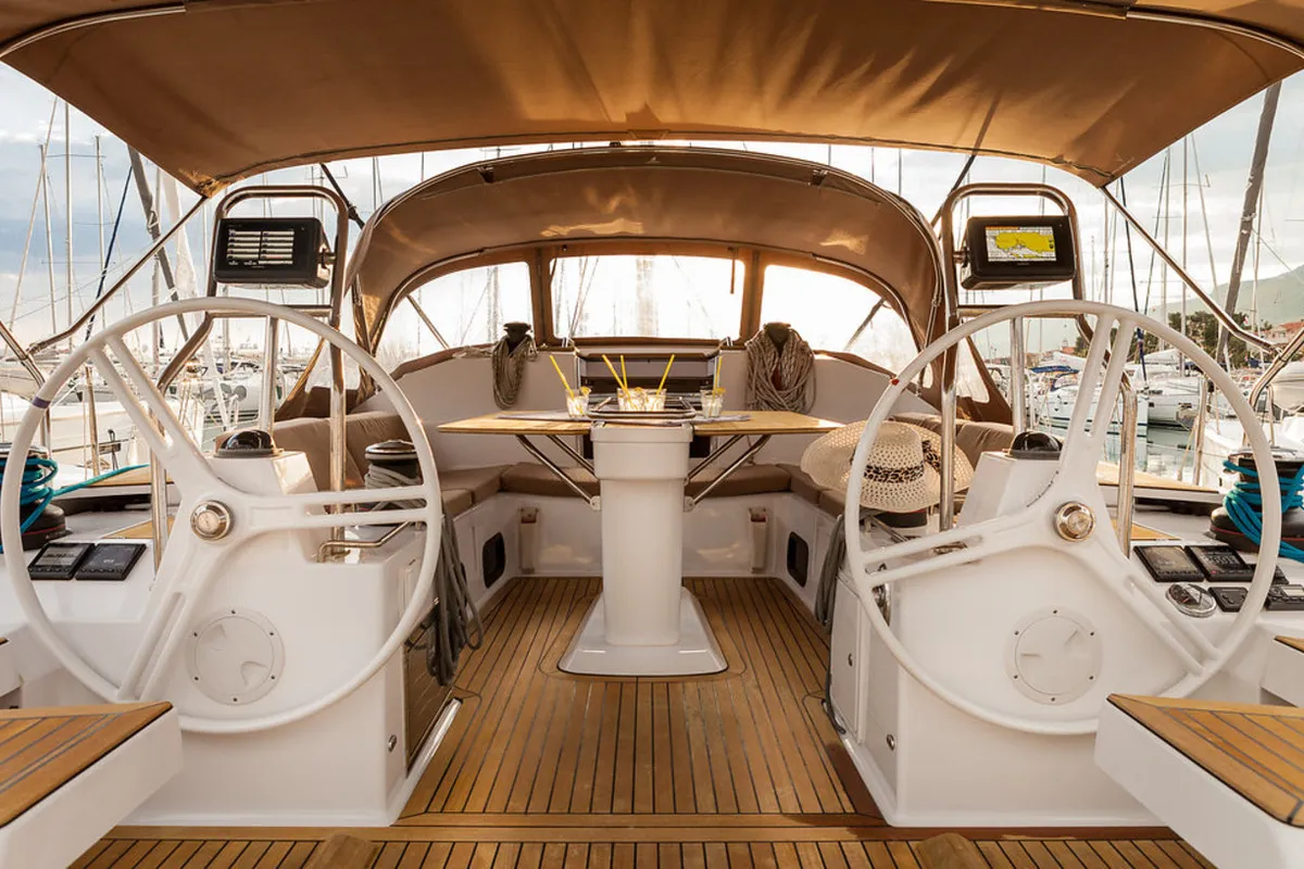 Cockpit of Biondi, a Elan Impression 50 sailboat at Grad Kaštela, Croatia