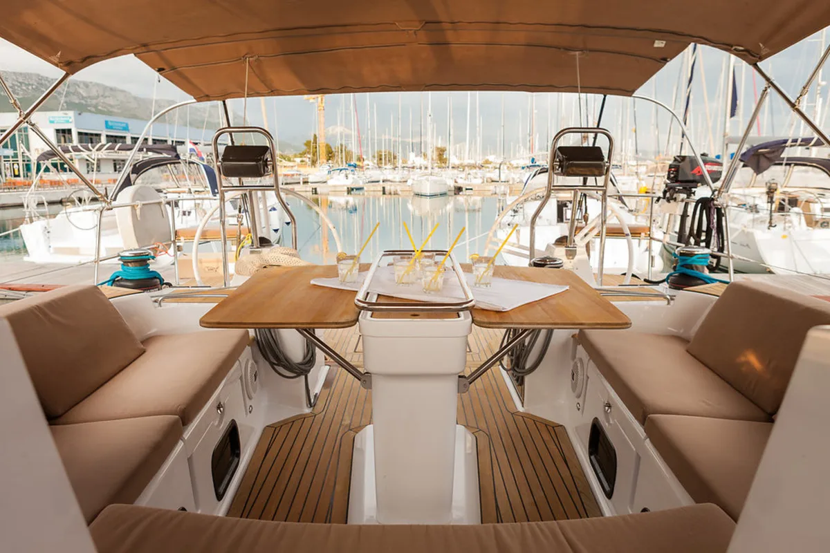 Deck of Biondi, a Elan Impression 50 sailboat at Grad Kaštela, Croatia