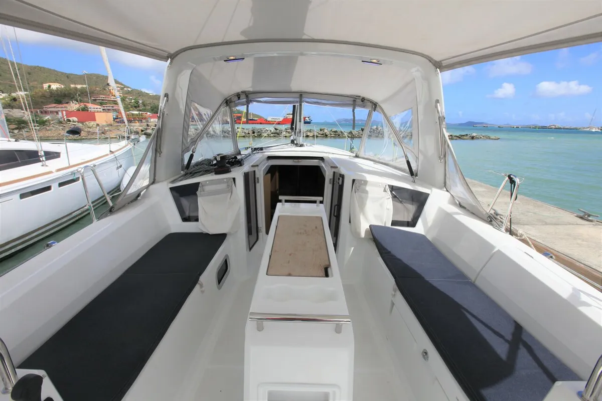 Deck of Big Blue, a Beneteau Oceanis 35.1 sailboat at Road Town, British Virgin Islands