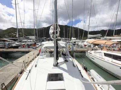 Deck of Big Blue, a Beneteau Oceanis 35.1 sailboat at Road Town, British Virgin Islands