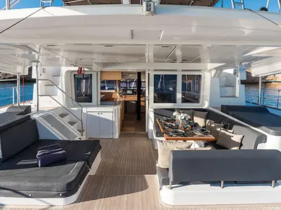 Deck of Queen Of Diamonds, a Lagoon 52 catamaran at Athens, Greece