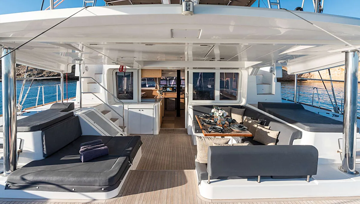 Deck of Queen Of Diamonds, a Lagoon 52 catamaran at Athens, Greece