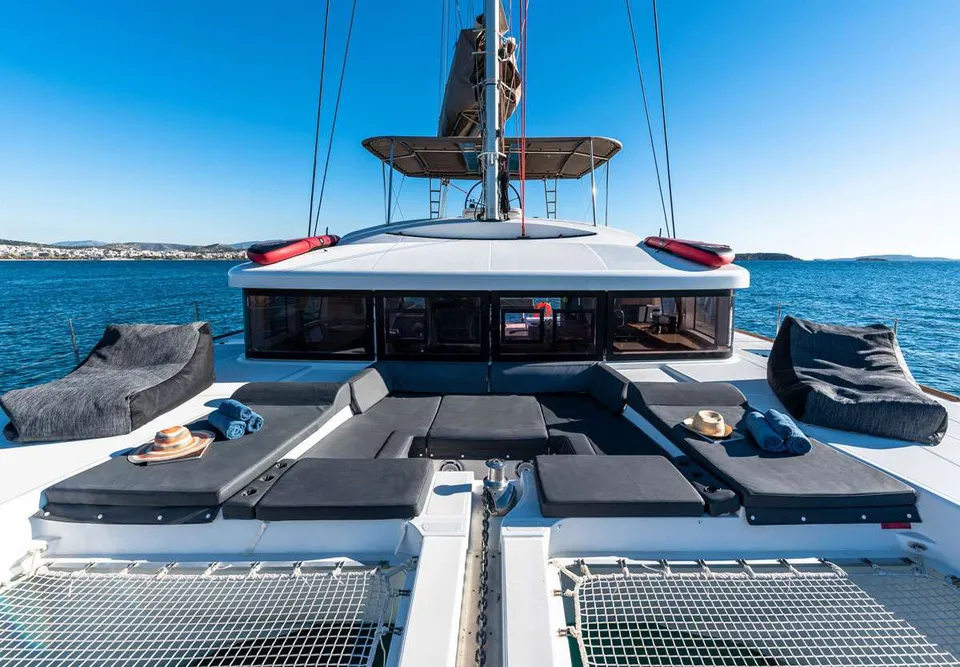 Deck of Queen Of Diamonds, a Lagoon 52 catamaran at Athens, Greece