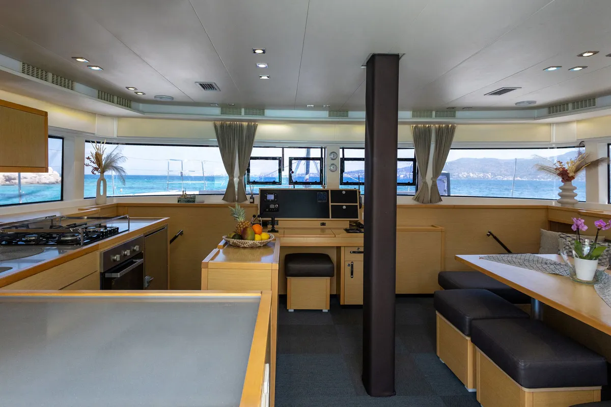 Salon of Queen Of Diamonds, a Lagoon 52 catamaran at Athens, Greece
