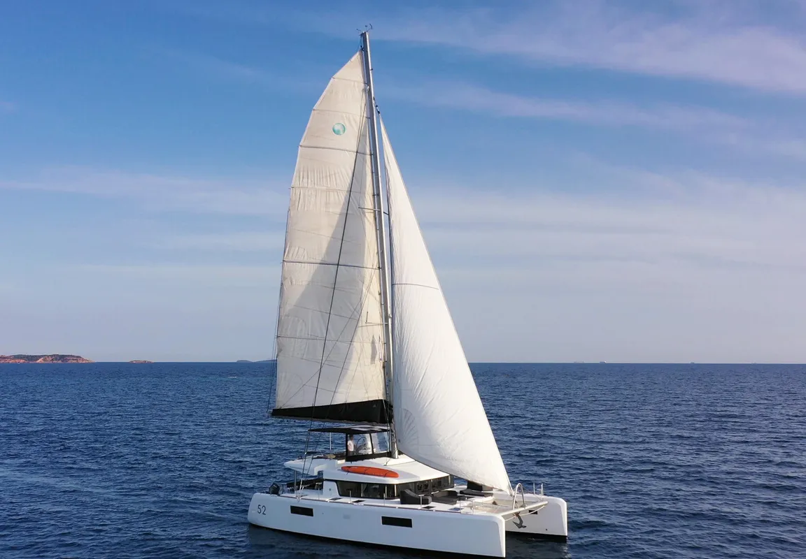 Exterior view of Queen Of Diamonds, a Lagoon 52 catamaran at Athens, Greece