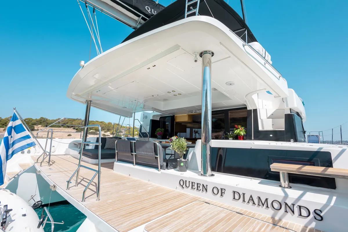Exterior view of Queen Of Diamonds, a Lagoon 52 catamaran at Athens, Greece
