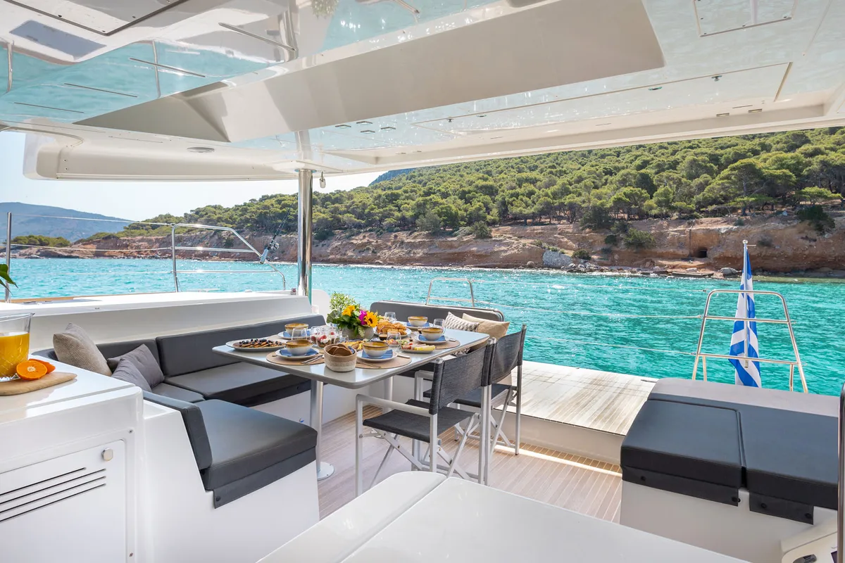 Deck of Queen Of Diamonds, a Lagoon 52 catamaran at Athens, Greece
