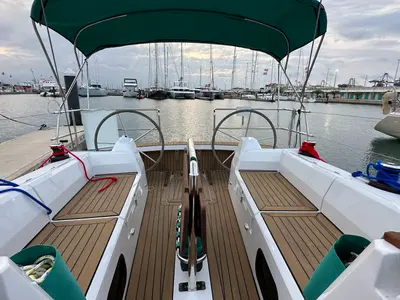 Cockpit of Angelmiles 2, a Northman Maxus 35 sailboat at Valencia, Spain