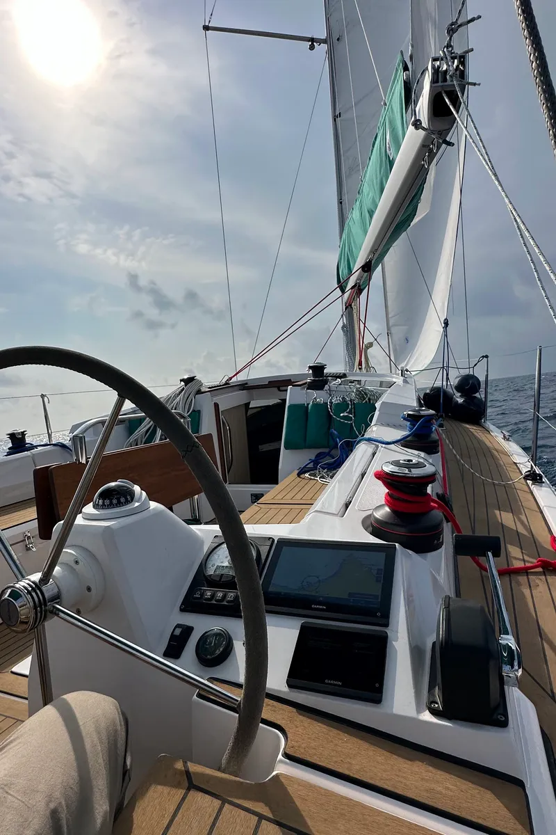 Cockpit of Angelmiles 2, a Northman Maxus 35 sailboat at Valencia, Spain