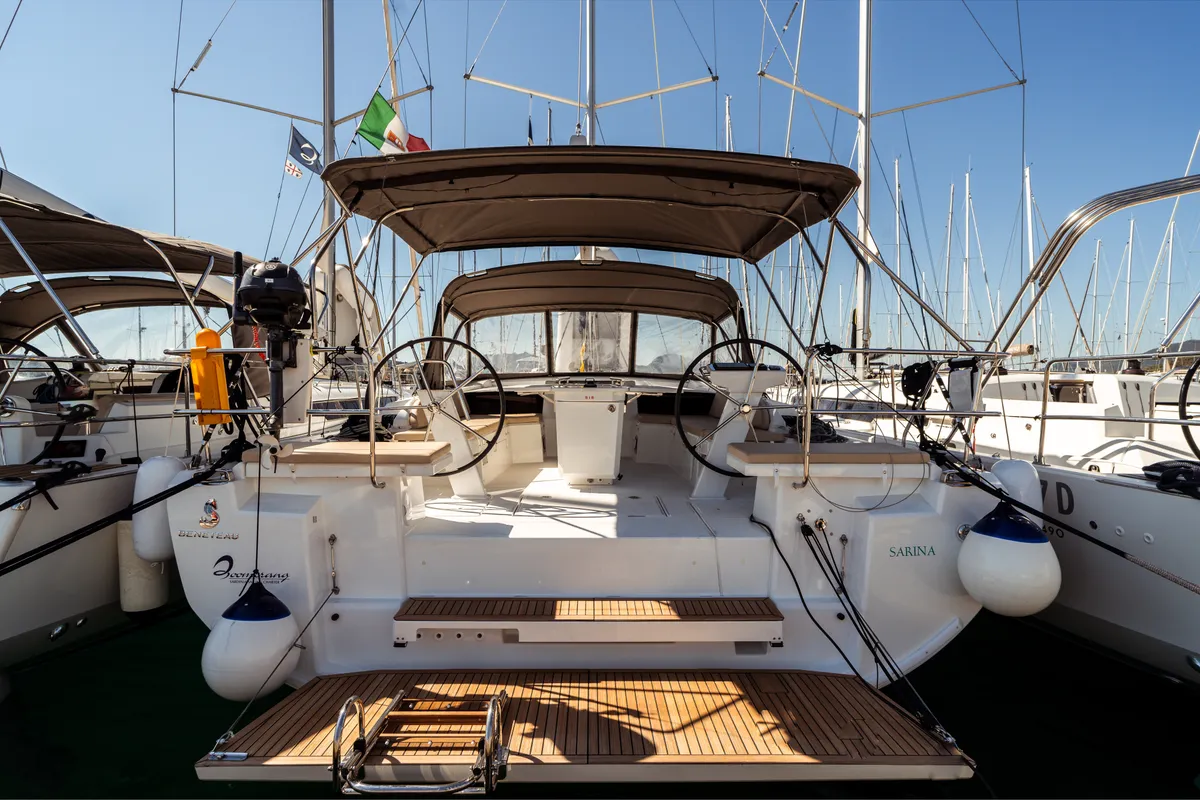 Exterior view of Sarina, a Beneteau Oceanis 46.1 sailboat at Olbia, Italy