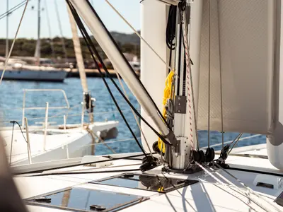 Deck of Sarina, a Beneteau Oceanis 46.1 sailboat at Olbia, Italy