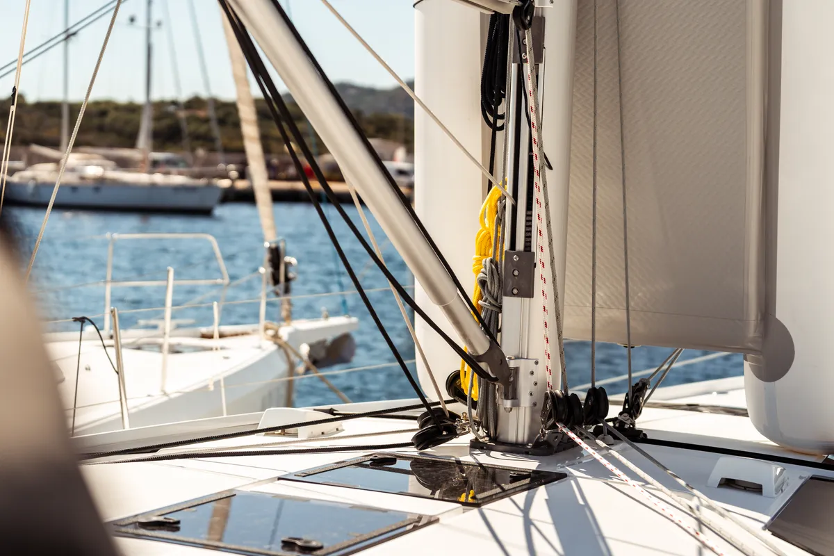 Deck of Sarina, a Beneteau Oceanis 46.1 sailboat at Olbia, Italy