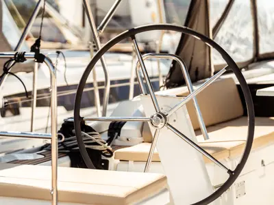 Cockpit of Sarina, a Beneteau Oceanis 46.1 sailboat at Olbia, Italy