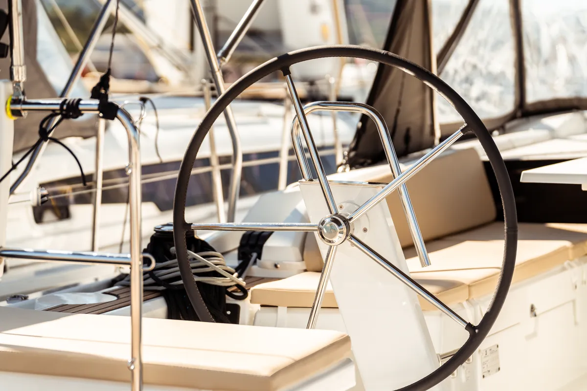 Cockpit of Sarina, a Beneteau Oceanis 46.1 sailboat at Olbia, Italy