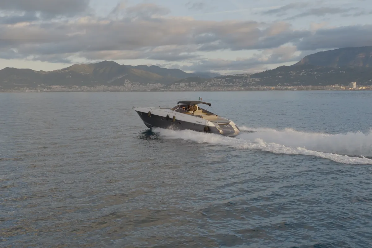 Exterior view of Mig 50, a motor yacht at Salerno, Italy
