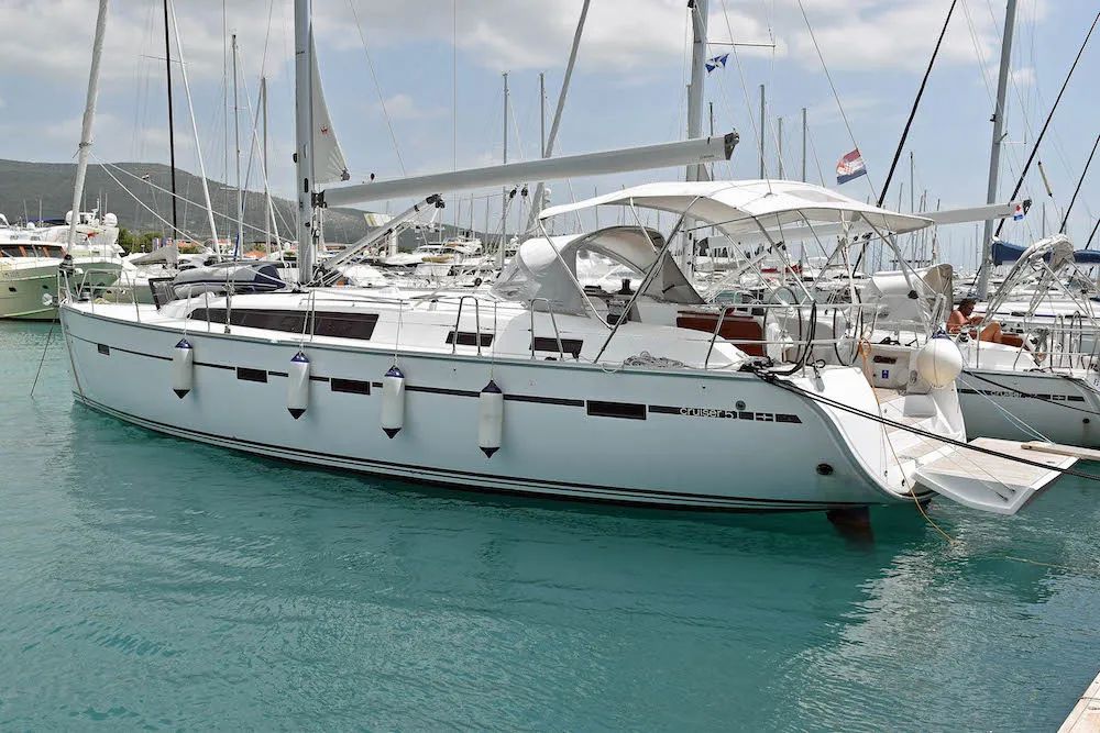 Exterior view of Pinotage, a Bavaria Cruiser 51 sailboat at Seget Donji, Croatia