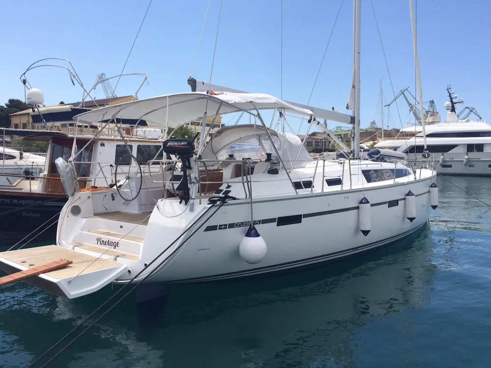 Exterior view of Pinotage, a Bavaria Cruiser 51 sailboat at Seget Donji, Croatia