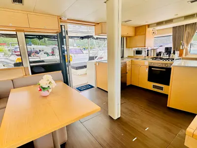 Salon of LA DOLCE VITA, a Lagoon 52F catamaran at Sant Antoni de Portmany, Spain