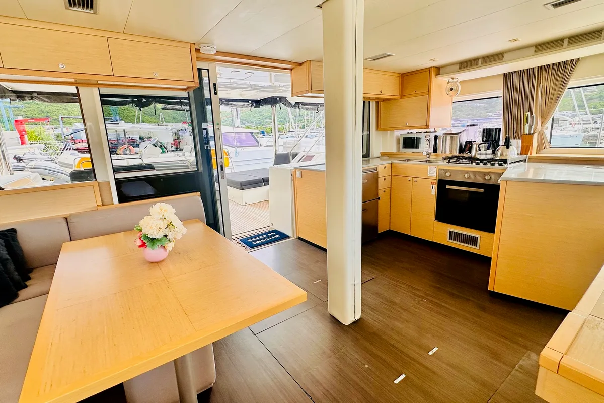 Salon of LA DOLCE VITA, a Lagoon 52F catamaran at Sant Antoni de Portmany, Spain
