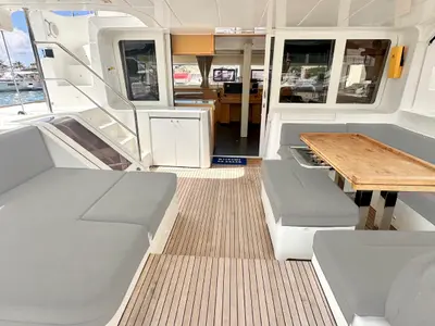 Deck of LA DOLCE VITA, a Lagoon 52F catamaran at Sant Antoni de Portmany, Spain