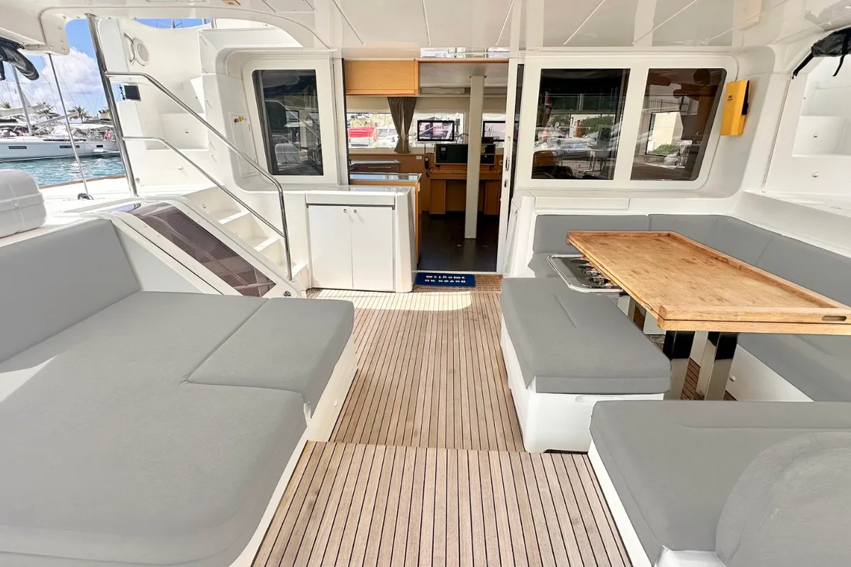 Deck of LA DOLCE VITA, a Lagoon 52F catamaran at Sant Antoni de Portmany, Spain