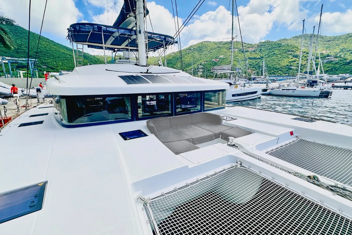 Deck of LA DOLCE VITA, a Lagoon 52F catamaran at Sant Antoni de Portmany, Spain